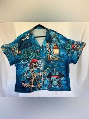 Big and tall men’s Blue Pirate Skull Button-Up Shirt
